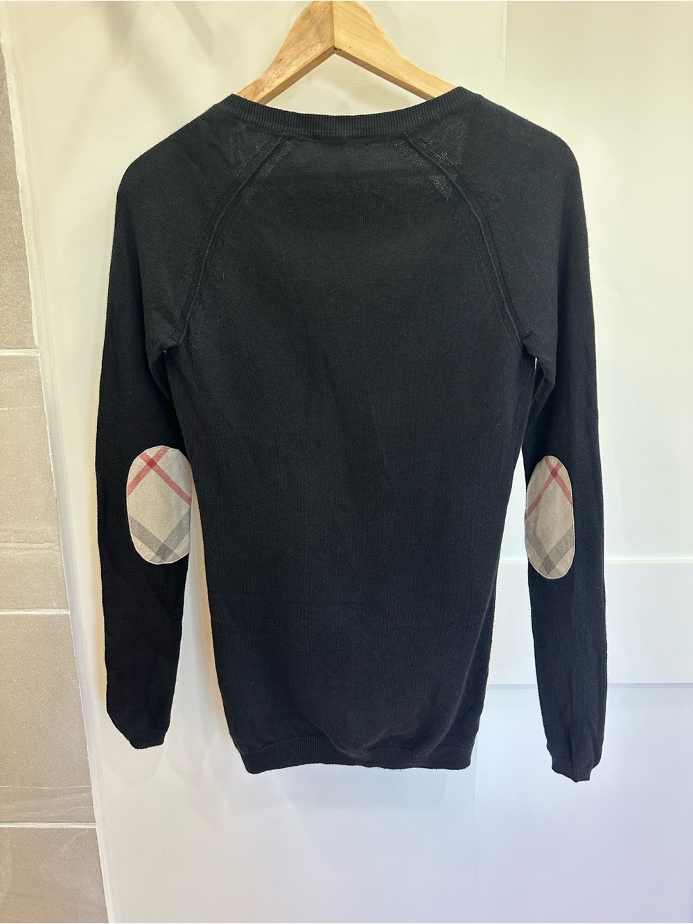 Burberry Brit Black Cotton Cashmere Cardigan w/ Check Elbow Patches Size S - Picture 1 of 8